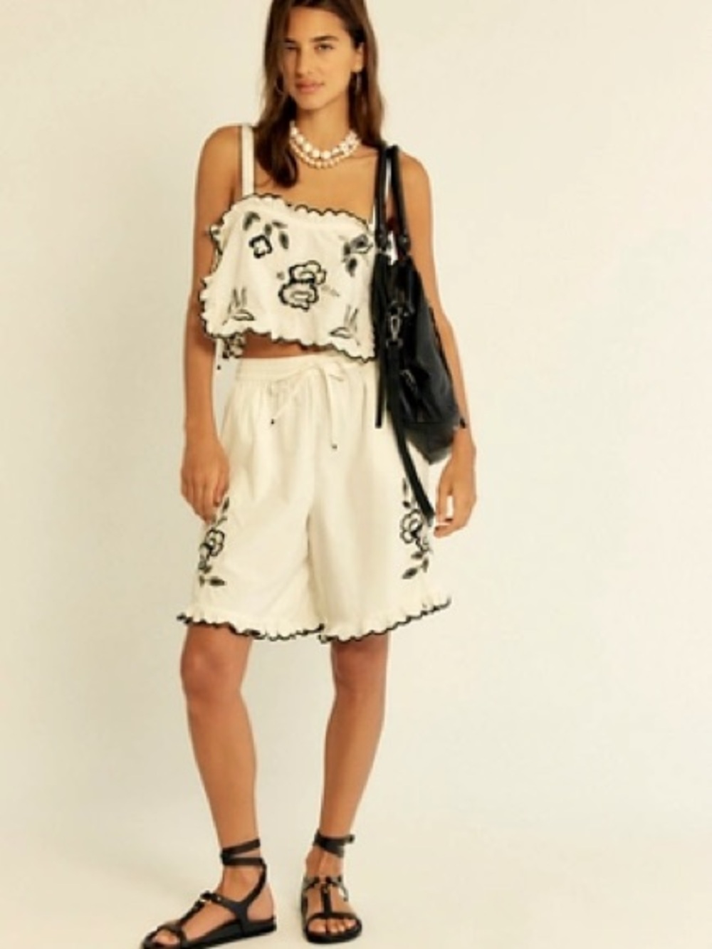 Free People Cream Two-Piece Embroidered Pajama Set with Black Trim